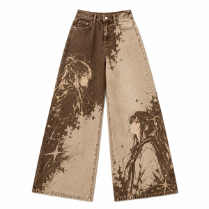 Jeans Anchos de Cintura Alta para Mujer, Estampado Digital de Anime, Estilo Verano/Invierno, Lavado Oscuro/Claro, Mezclilla Tejida, Moda Urbana Y2K - Product Image 4