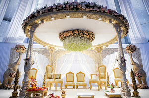 Indian <b>Wedding</b> Triple Pillar Mandap Setup Multi-Event Golden Hindu Fiber Mandapam Customizable Usa Marriage Stage DST Export USA - Product Image 2
