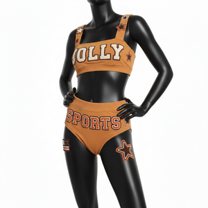 ชุดบิกินี่ผู้หญิง 220 GSM ผ้าโพลีเอสเตอร์ผสมสแปนเด็กซ์เนื้อเนียน สีมัสตาร์ดส้ม ปักลายปะติด พร้อมปักโลโก้ตามสั่ง - Product Image 2