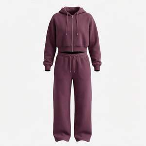 Ensemble de survêtement décontracté pour femmes de haute qualité, personnalisé, 2 pièces, sweat-shirt court, pantalon de jogging ample, 100% coton, impression sérigraphique, athlétique - Product Image 1