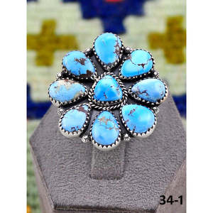 Bague ajustable en argent sterling plaqué or rose et turquoise, sertie clos, faite à la main, style Southwest Golden Hills, taille unique, cadeau - Product Image 1