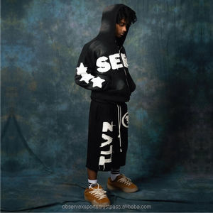 Conjunto de sudadera con capucha y pantalones de chándal con cremallera y parche bordado desgastado personalizado unisex, chándal pesado de invierno lavado ácido - Product Image 6