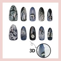 NBL-JX-219 Uñas Postizas 3D con Diseño de Telaraña, Calavera y Fantasma de Halloween, Reutilizables, Cobertura Completa, 30 Piezas