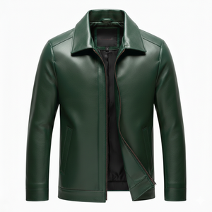 Veste longue en cuir pour homme, style urbain, col en tissu, vert, printemps-automne. - Product Image 1