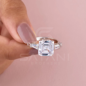 Elegant Asscher Cut Moissanite Engagement Ring In 14K White Gold Featuring Three <b>Stone</b> Design Perfect For Proposal And Wedding - Product Image 2