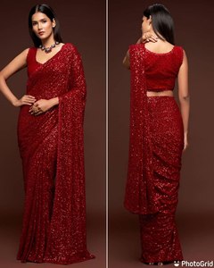 Hermoso Sari de Georgette con todo el trabajo de secuencia, Sari de desgaste de boda, Sari de desgaste de fiesta de diseñador. - Product Image 2