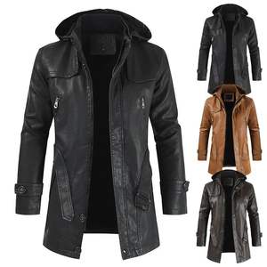 Manteau coupe-vent pour homme, veste longue en cuir à capuche, veste en cuir de moto pour homme, mode en cuir, mode coréenne d'hiver - Product Image 1