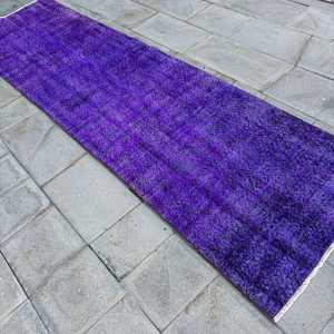 พรมวินเทจสไตล์ตุรกีขนาด 2.8x10.2 ฟุต ลายจุดสีม่วง ทำจากขนสัตว์ - Product Image 2