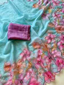 ผ้าส่าหรีสำหรับผู้หญิงสไตล์อินเดียและปากีสถาน พร้อมงานปักเลื่อมหนักแน่นและขอบผ้าประดับเพชรเต็มเส้น - Product Image 4