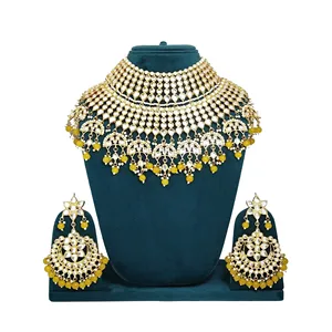 Kundan Bridal Necklace <b>Set</b> with <b>Gold</b> Plate Earrings and Maang Tikka Yellow Fine <b>Jewelry</b> for Weddings and Gifts - Product Image 2