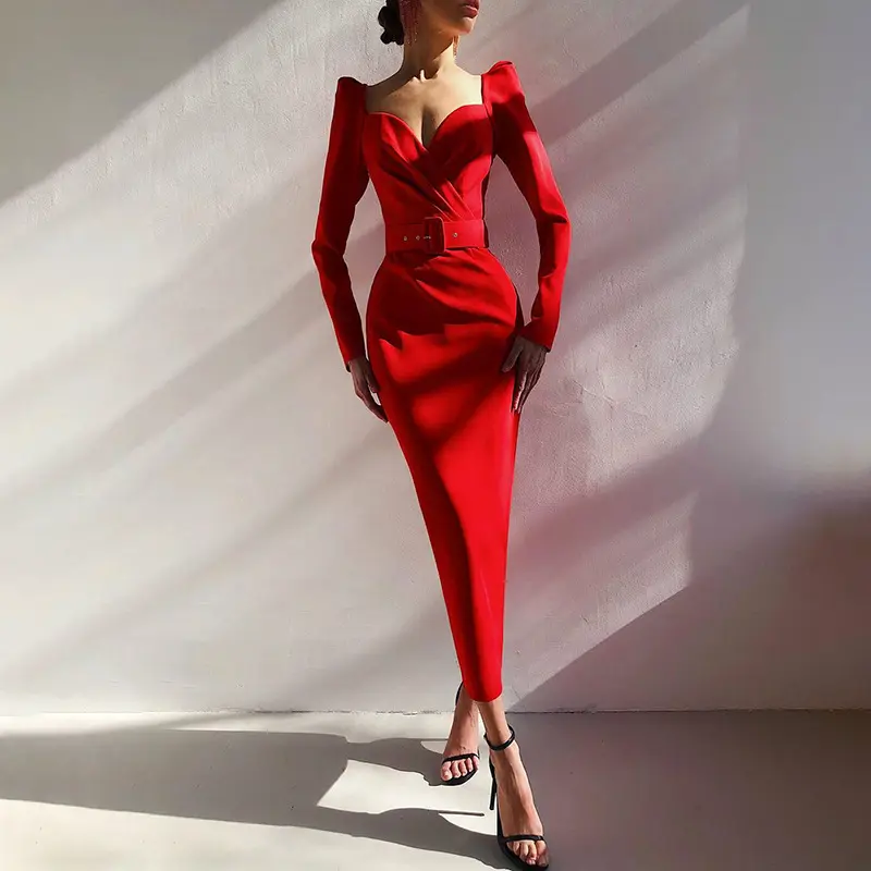 2022 Elegant Career Dresses Slim V Neck Solid Red Puff Sleeve Pencil Working Ladies Slim Office Dresses Formal