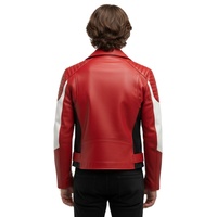 Veste de moto en cuir véritable pour homme, rouge, noir, blanc, coupe slim, avec ceinture et fermetures éclair