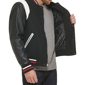 <b>Men's</b> Black Varsity <b>Jacket</b> With PU Leather Sleeves And <b>White</b> Shoulder Panels Regular Fit Autumn Casual Wear - Product Image 3