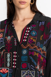 Boho Embroidered <b>Patchwork</b> Shirt Women's Loose Fit Three Quarter Sleeve Casual <b>Top</b> All Seasons Black Polyester Blouse - Product Image 5