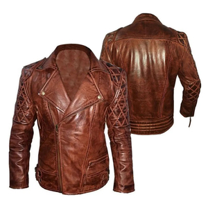 <b>Men's</b> Brown Genuine <b>Leather</b> Moto <b>Jacket</b> Criss-Cross Sleeve Design Turn-Down Collar Zipper Closure Slim Fit Autumn Wear - Product Image 3