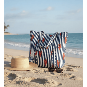 Bolso Tote Grande Resistente al Agua con Diseño de Rayas de Langosta, Cierre de Cremallera, Letras Bordadas y Forro de Algodón para Uso Diario - Product Image 1