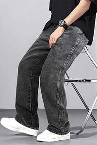 Pantalones vaqueros holgados para hombre con parche de cuero con patrón sólido de cintura alta personalizados al por mayor, pantalones vaqueros elásticos con cordón para ropa de calle de invierno - Product Image 2