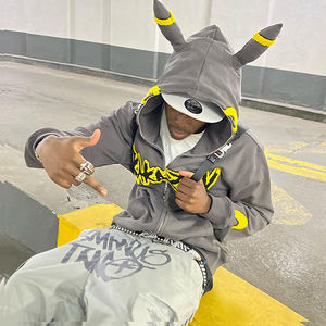 Streetwear Oversized Hip Hop Hoody <b>Yellow</b> Flat Embroidery <b>Hoodie</b> for <b>Men</b> Heavy Wool Terry Cartoon Embroidery Full Zip up <b>Hoodie</b> - Product Image 2