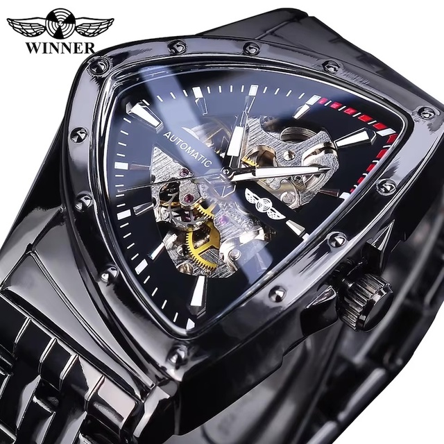 WINNER 395 Triangle Skeleton Gold Black Watch Men Automatic Mechanical Wristwatch Irregular Luxury Stainless Steel Strap Relogio