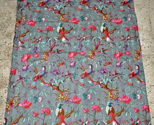 Grey Colour Beautiful Bird Print Vintage Kantha Quilt Blankets Throw Made With Pure Cotton Fabric Indian Handmade Kantha Quilts