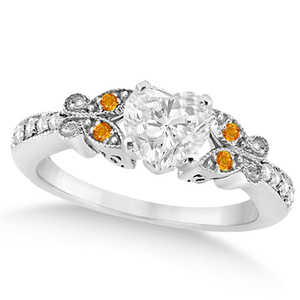Bague de fiançailles en or blanc 14 carats avec diamant de 0,50 carat et papillon en citrine en forme de cœur - Product Image 2