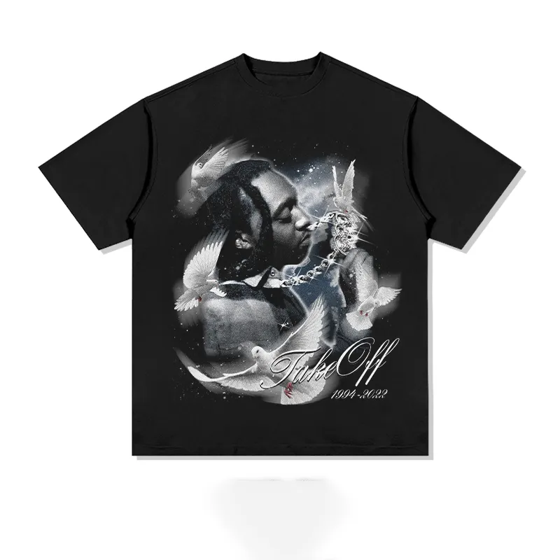 TakeOff Hip Hop Rap Personagem Personalizado Emblema Impressão T-Shirt Retro Loose Acid Wash Compra de Fábrica 250g Pure Cotton Short Sleeve