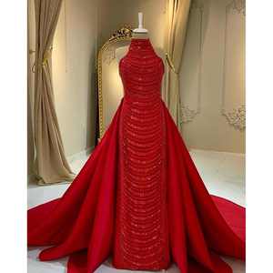 Vestido de Noche Rojo Carmesí para Damas, Estilo Imperio, Satinado, Hecho a Mano, con Mangas Cortas, Perlas y Flores, Tallas XS-XL, Largo hasta el Suelo - Product Image 1