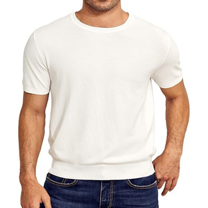 Pull-over extensible à col ras du cou pour hommes, pull-over décontracté, solide, basique, à manches courtes, t-shirts décontractés basiques en tricot - Product Image 6