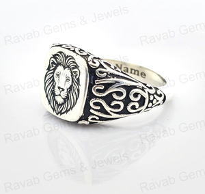 Handmade Oxidized 925 Sterling <b>Silver</b> 14mm Cushion Lion Head Engraved Memento Mori Custom Royal Vintage Christian Unisex <b>Ring</b> - Product Image 5