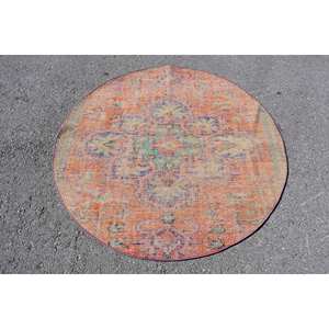 Tapis turc vintage 4.7 x 4.8ft fait à la main Orange vert Patchwork Design laine Viscose Latex pour salon couloir forme Rectangle - Product Image 1