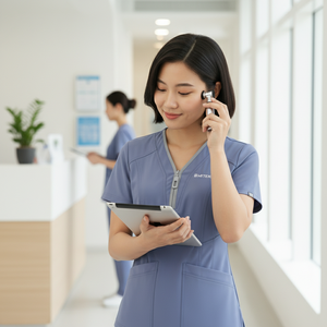 Haut de blouse médicale à col en V et fermeture éclair sur le devant, en tissu performant MITEXCO pour femmes, manches courtes, uniforme de soins de santé, tunique avec 2 poches, bleu - Product Image 3