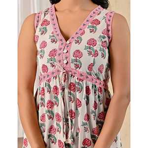 Vestido de Algodón Mulmul con Estampado Floral Rojo y Blanco, Estilo Butta Block, Elegante y Casual, Disponible en Tallas XS-XXL, Ideal para el Día, la Playa, Fiestas, Club, Transpirable - Product Image 2