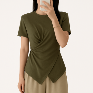 Offre Spéciale femmes à manches courtes col rond torsadé taille t-shirt haut décontracté séchage rapide respirant tissu confortable Vietnam approvisionnement - Product Image 4