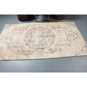 Tapis en laine floral beige vintage fait à la main 10mm d'épaisseur grand 4X7,1 pieds Rectangle Patchwork couloir oriental pour chambre d'adolescent Latex - Product Image 3