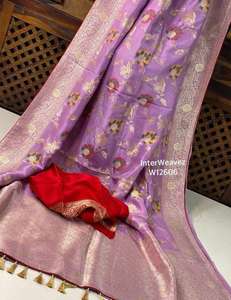 Sarees de Seda/Algodón Brocado Estampados en Color Lavanda Hechos a Medida para Diseñadores de Ropa de Boda y Reventa en Tiendas de Sarees Indias - Product Image 4