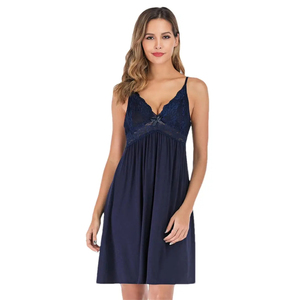 Elegante camisón de encaje azul marino con cuello en V sin mangas hasta la rodilla para mujer, ropa de dormir de poliéster suave, vestido de verano - Product Image 1