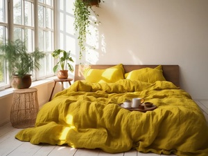 Wholesale Mustard Linen Duvet Cover <b>Set</b> Softened Yellow <b>Comforter</b> Quilt Coconut Buttons Ribbon Ties 200TC for Home Hospitals - Product Image 4