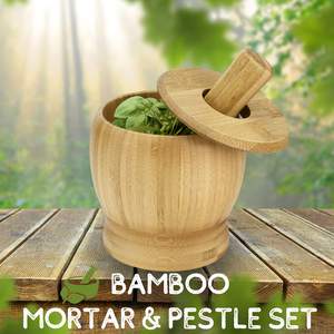 Wooden <b>Mortar</b> and <b>Pestle</b> Set 5-Inch Bamboo Bowl and Grinder Set, Wood Molcajete Muddler and Bowl with Lid and Spoon - Product Image 2