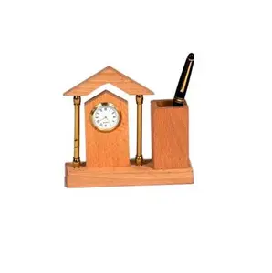 나무 펜 홀더 오두막 모양 황동 디자인 시계 나무 펜 홀더 스탠드 도매 가격 나무 펜 홀더