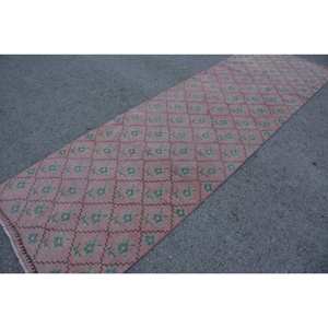 Alfombra turca Vintage grande de 3,5x11,4 pies, patrón abstracto de lana verde rosa, respaldo de látex para pasillo, modelo de habitación, alfombra rectangular - Product Image 4