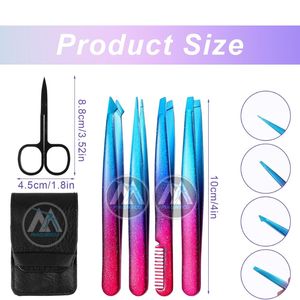Kit de toilettage de sourcils de précision 5 pièces pour femmes et hommes ensemble de pincettes à pointe inclinée incurvée avec étui en cuir (couleur arc-en-ciel) - Product Image 4