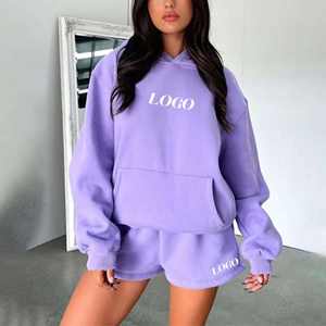 Ensemble de shorts à capuche en coton pour femmes élégantes tenue deux pièces confortable pour le style de rue se prélasser motif solide au-dessus de la longueur du genou - Product Image 6