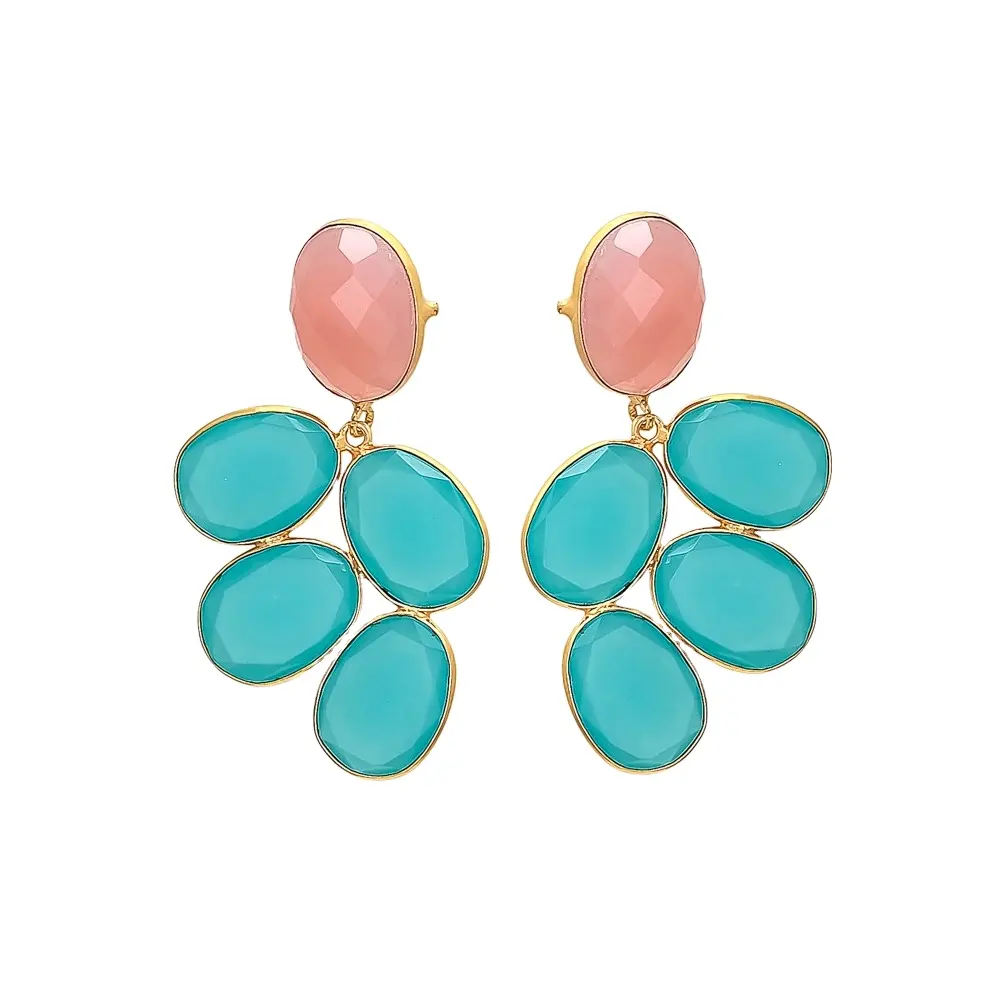 Boucles d'oreilles en calcédoine plaquée or Aqua Calcedony-Natural Rose-Gemstone | Boucle d'oreille turquoise, boucle d'oreille sertie de lunette, beaux bijoux