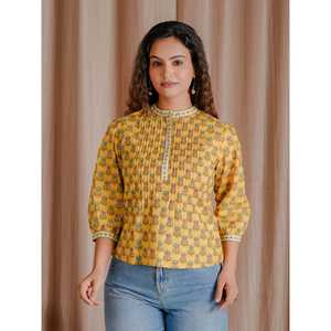 Chic <b>Yellow</b> Butti Cotton Pintux Style Short <b>Top</b> for <b>Ladies</b> XL Size Breathable Poplin Fabric Casual Formal Solid Viscose Linen - Product Image 3