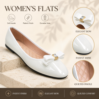 Damen Ballerinas Flache Schuhe Slip-On Ballerina-Schuhe mit Lackierter Schleife Kristallschnalle Gesteppte Einlegesohle Rutschfeste Sohle