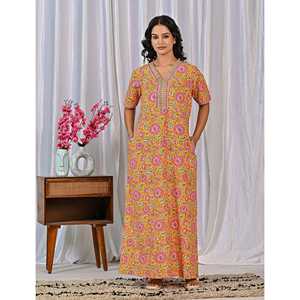 Vestido de Dormir 100% Algodón con Estampado Jaal Hecho a Mano, Camisón Suave Tejido con Diseño Floral y Cierre de Botones, Talla 3XL para Damas de Honor - Product Image 3