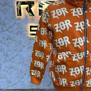 Sudadera con capucha y cremallera estampada ZOR para hombre, estilo urbano, oversize, con patrón de letras naranjas, de poliéster tejido, ideal para otoño. - Product Image 5