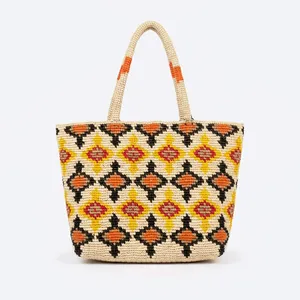 Sac fourre-tout décontracté pour femme en raphia, motif géométrique fait main, style bohème, ouverture supérieure, deux poignées, usage quotidien, capacité 3L+ - Product Image 2