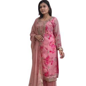 Kurti traditionnel confortable et doux en organza pur Kundan avec broderie fantaisie, code Dori-Sequence, impression numérique et manches longues - Product Image 1