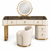 Ensemble de table de maquillage matelassée de luxe avec miroir rond LED, 3 tiroirs, chaise rembourrée, taille et couleur personnalisées, garantie de 2 ans